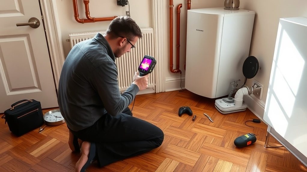 Engineer locating central heating leak using thermal imaging in Clapham